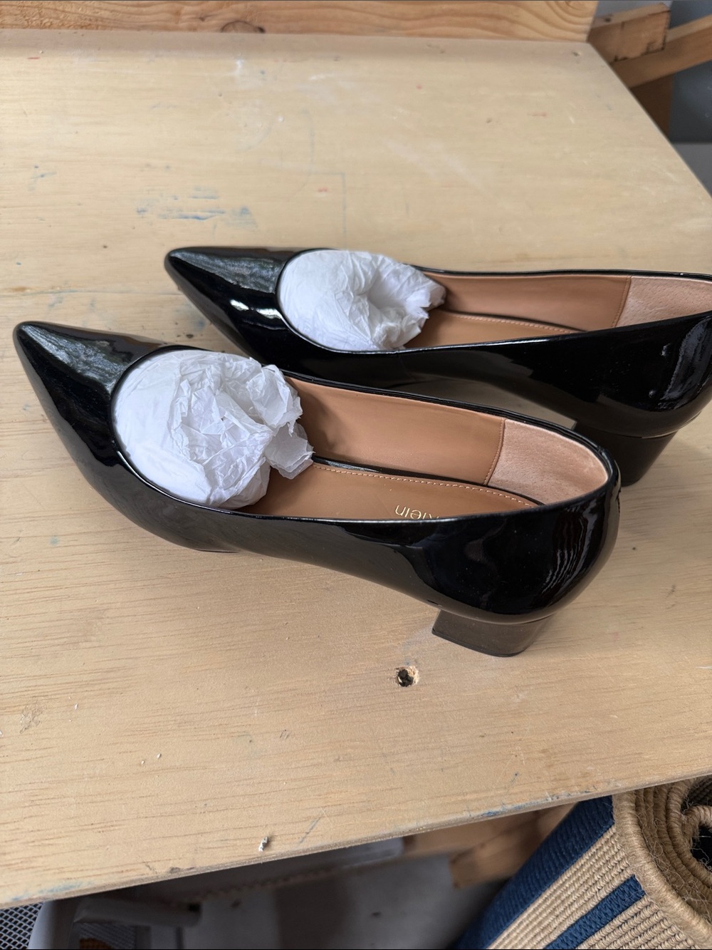 Calvin Klein Black Patent Pointed-Toe Low Block Heel Pumps